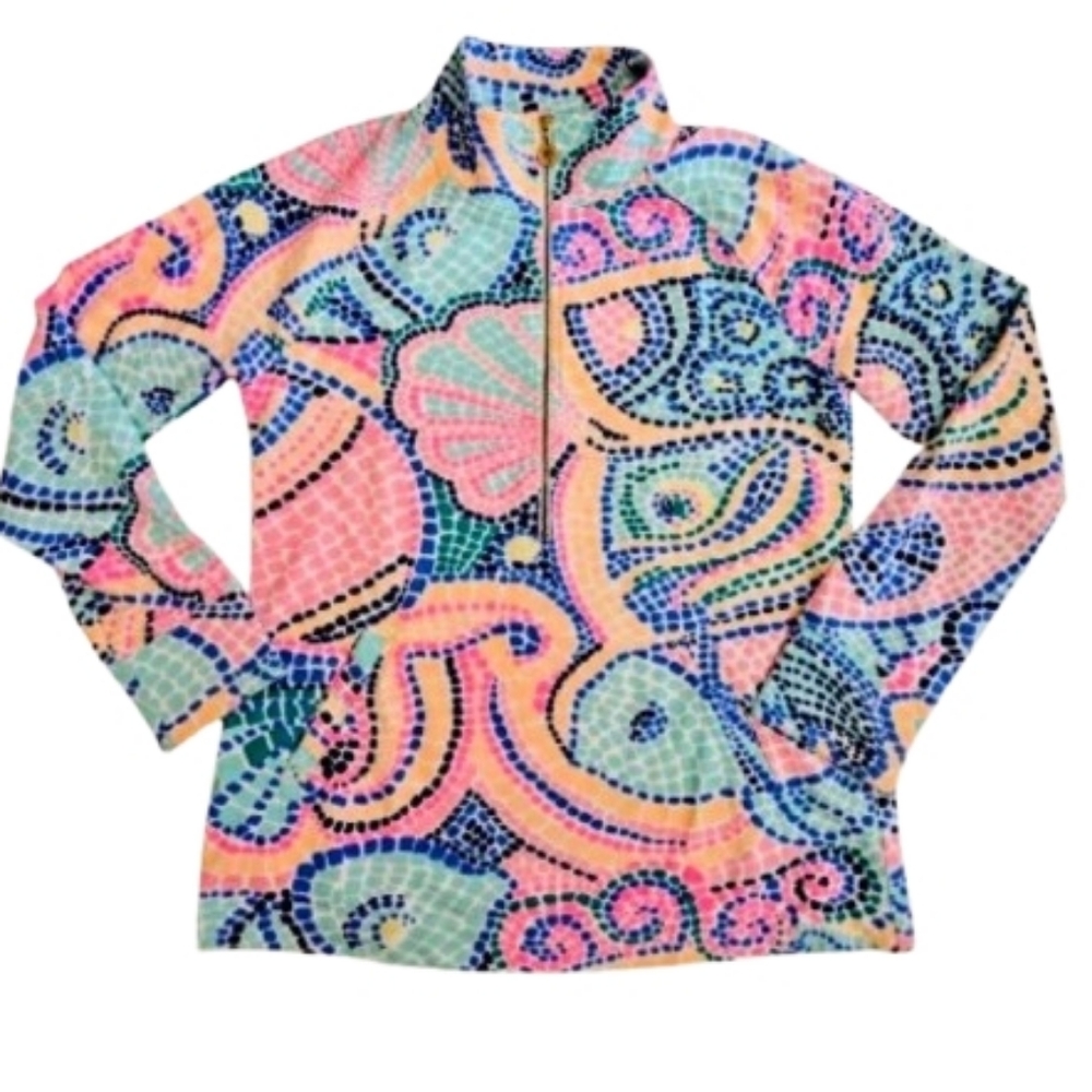 Lilly Pulitzer Skipper Popover UPF 50+ Multi Tile Wave Pullover Top M